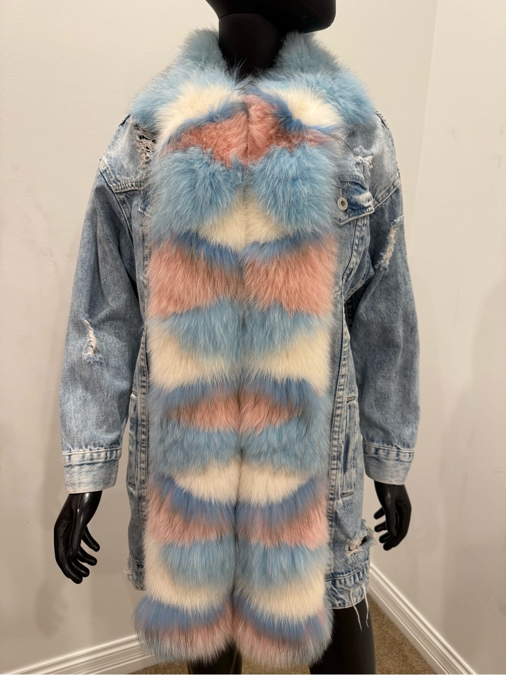 KARIBU NEW Oversized Denim Jacket Genuine Fox Fur Detachable Pastel Trim M